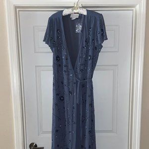 Floor length blue/grey chiffon wrap dress with intricate beading